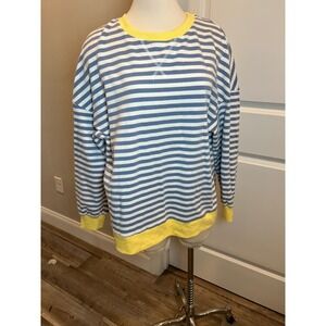 BTFBM Striped Crewneck Sweatshirt Yellow Trim Casual Pullover Top Womens L‎